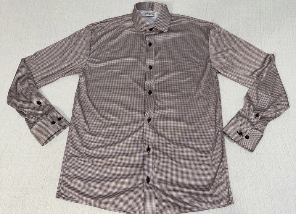 Collars & Co Men APEX Brown Geometric AOP Long Sleeve Button Up Polo Shirt NWOT